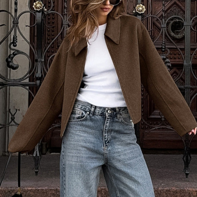 Women's short stylish wool blend bomber with shirt collar and hidden zipper Mune Fashion