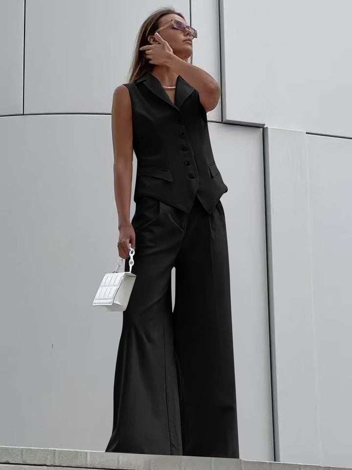 Women Sleeveless Tailoring Two-Piece with Fitted Vest and Wide Marlene Pants Mune Fashion