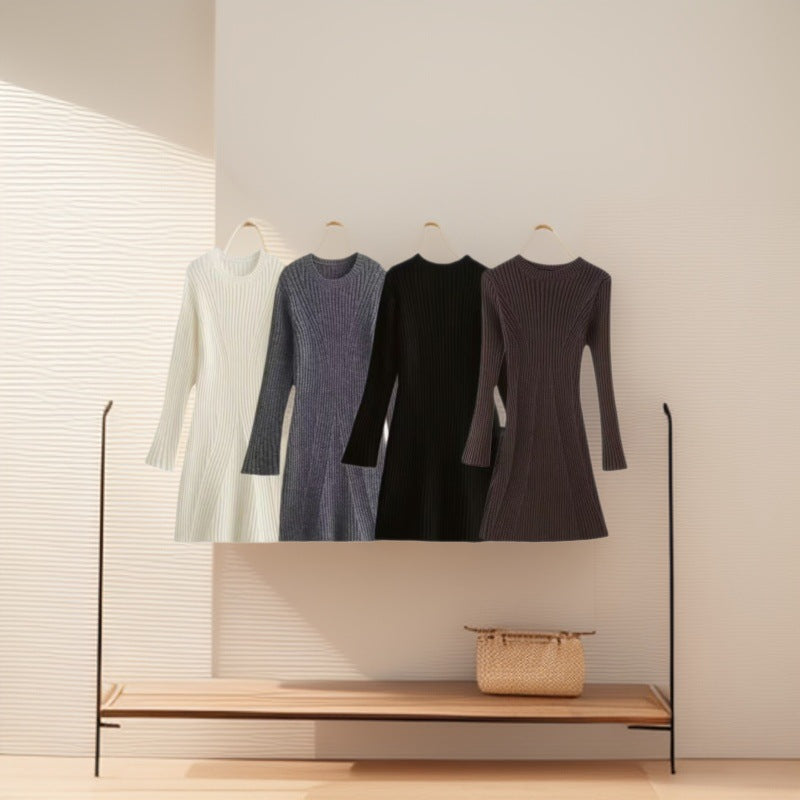 Women's Ribbed Knit Dress with Flared A-Line and Wide Cuffs Mune Fashion