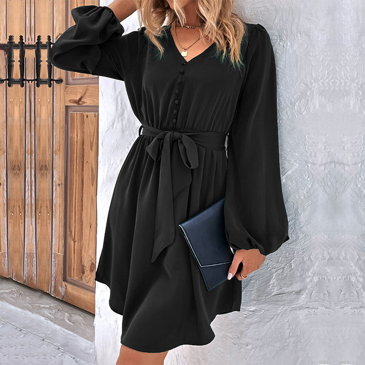 Women's V-neck dress with tie belt, button placket & balloon sleeves Mune Fashion