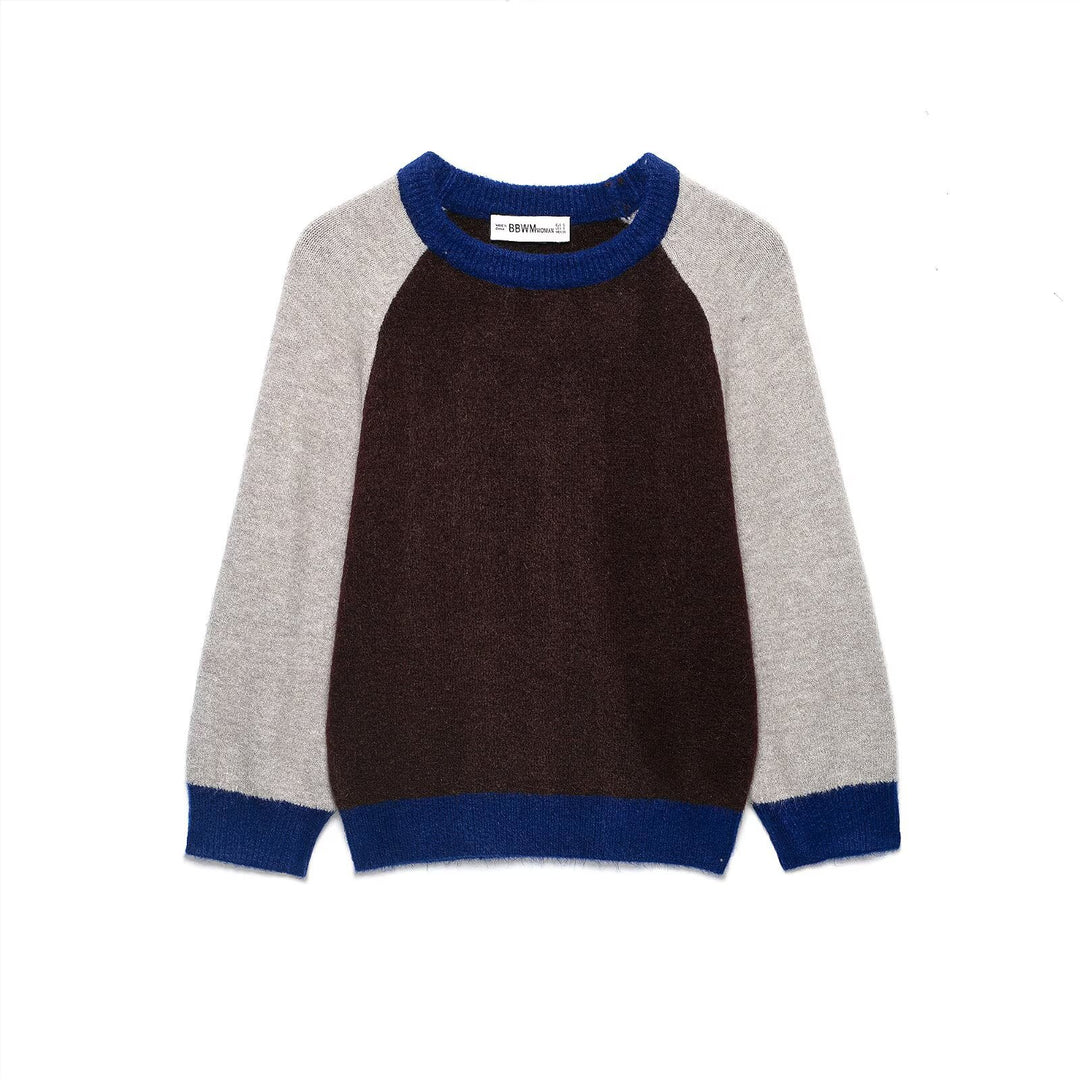 Women's Color Block Round Neck Sweater with Raglan Sleeves Mune Fashion