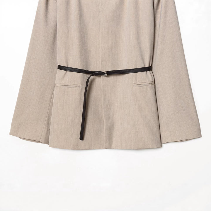 Ladies non-tailored collarless blazer with V-neck and thin leather belt Mune Fashion