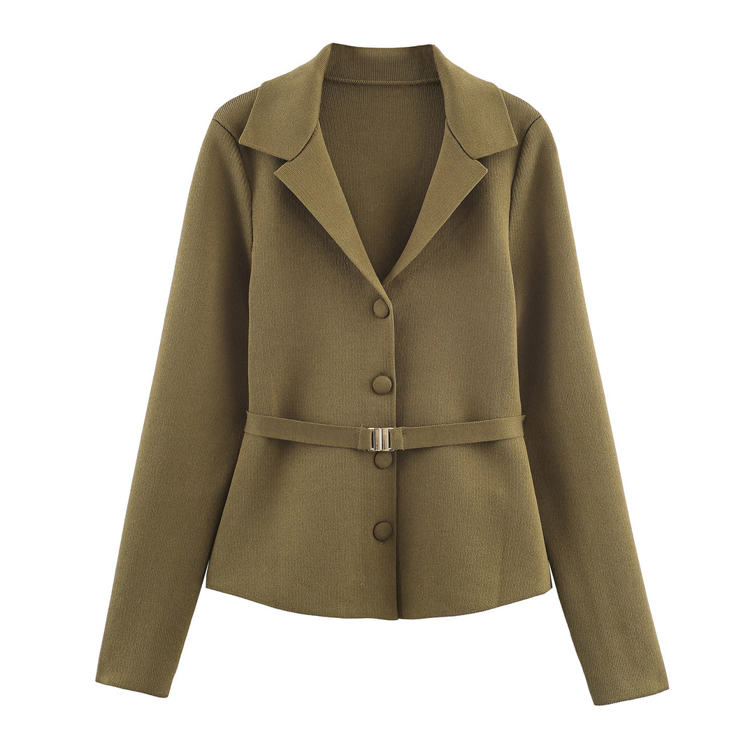 Women's Tailored Knit Blazer with Lapel Collar, Concealed Button Placket and Delicate Waist Belt Mune Fashion