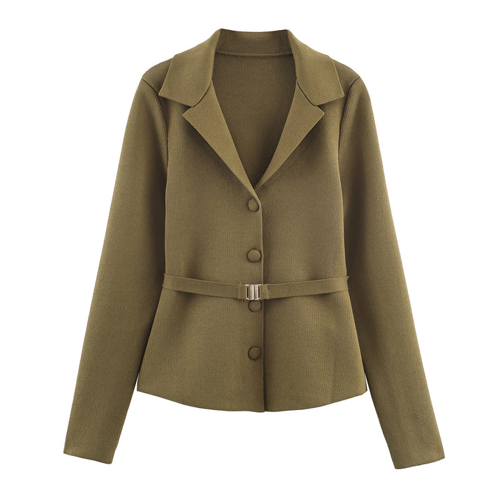 Women's Tailored Knit Blazer with Lapel Collar, Concealed Button Placket and Delicate Waist Belt Mune Fashion
