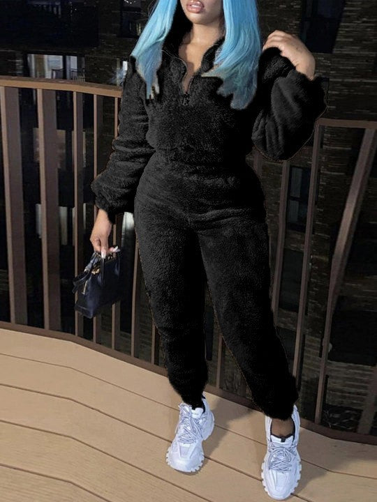 Women's cozy teddy lounge set with half zip and high-waist jogger Mune Fashion