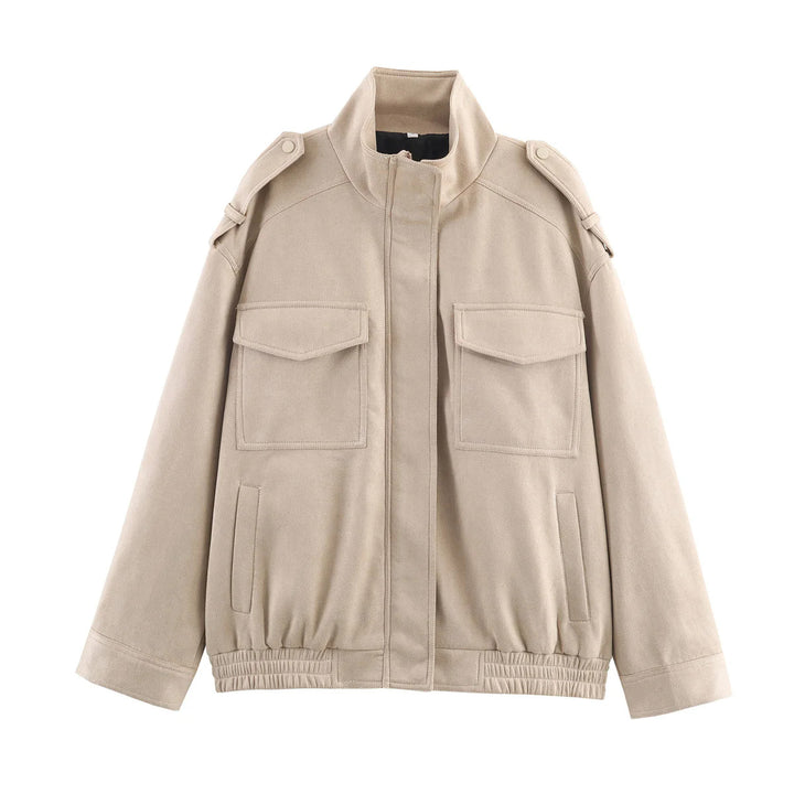 Men's nan utility field jacket with shoulder flaps, appliqué patch pockets, concealed zipper, and elastic hem Mune Fashion