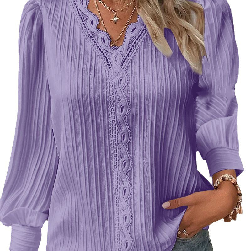 Women Pleated V-Neck Blouse with Lace Trim and Balloon Sleeves Mune Fashion