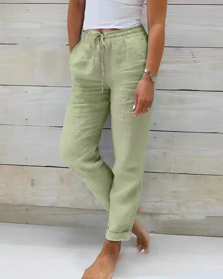 Women's casual linen pants with elastic waistband drawstring and side pockets Mune Fashion