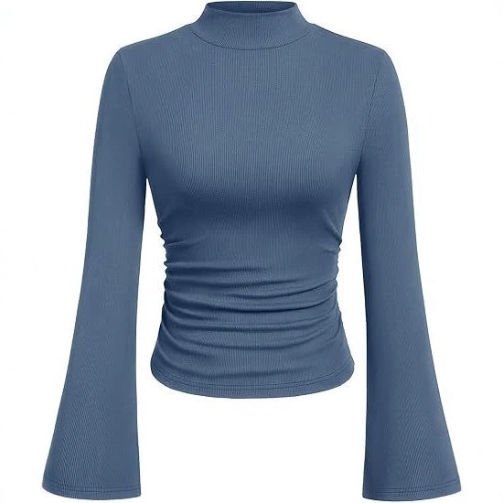Women's Ribbed Long Sleeve Top with Stand-Up Collar, Trumpet Sleeves, and Fitted Cut Mune Fashion