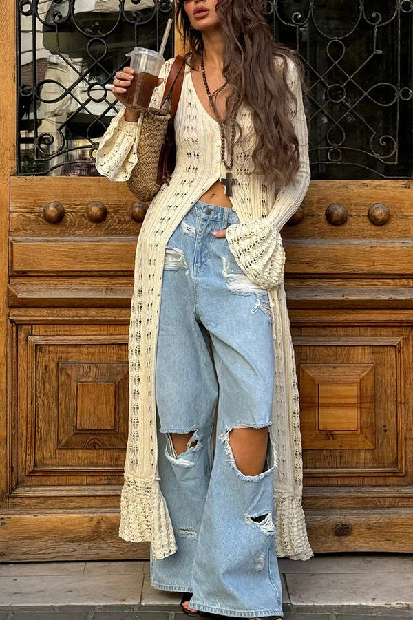 Women Long Crochet Knit Cardigan with Bell Sleeves and Open Front Drune