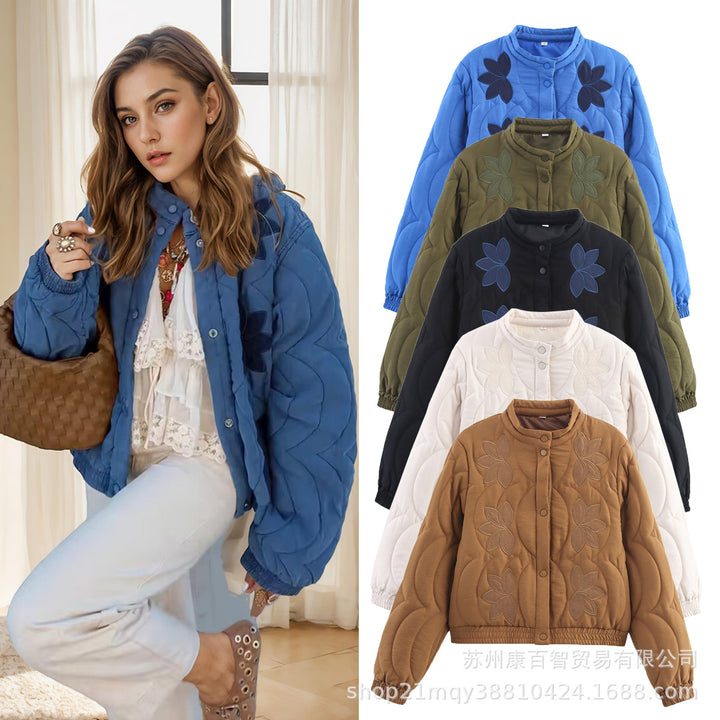 Women Short Cut Padded Jacket with Floral Appliqués and Elastic Hem Mune Fashion