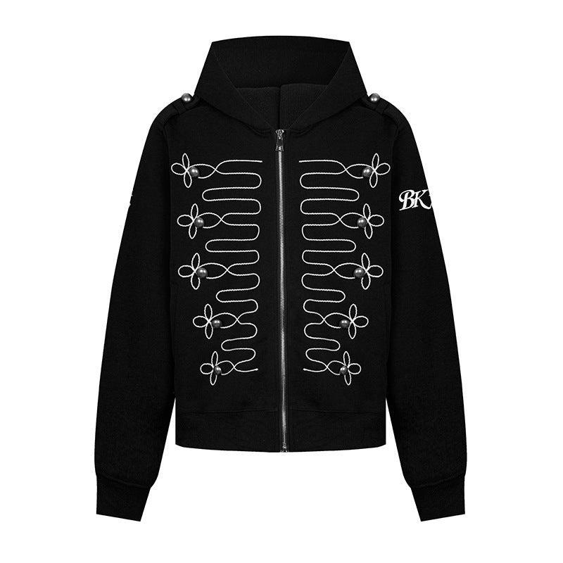 Women's hooded sweatshirt jacket with decorative frogging embroidery and pearl buttons Mune Fashion