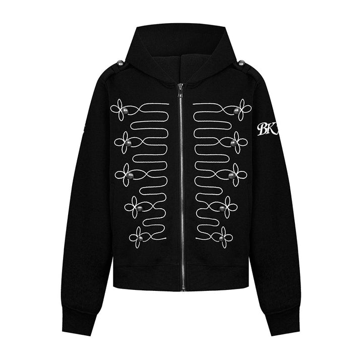 Women's hooded sweatshirt jacket with decorative frogging embroidery and pearl buttons Mune Fashion