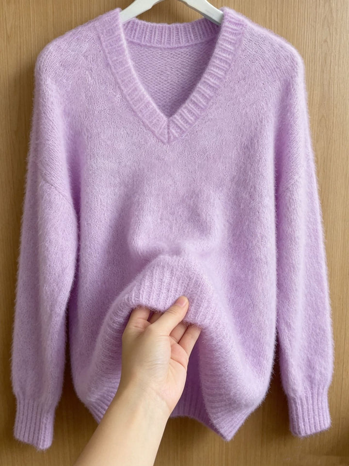 Women Fluffy Mohair-Mix Oversize Sweater with Deep V Neck Mune Fashion