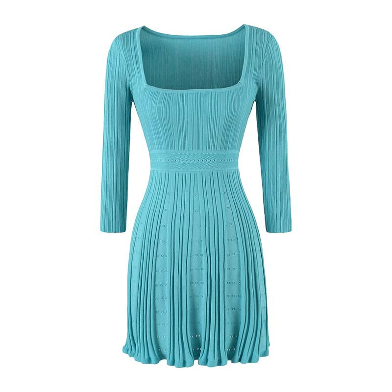 Women's Figure-Hugging Fine Knit Midi Dress with Square Neckline and Pleated Skirt Mune Fashion