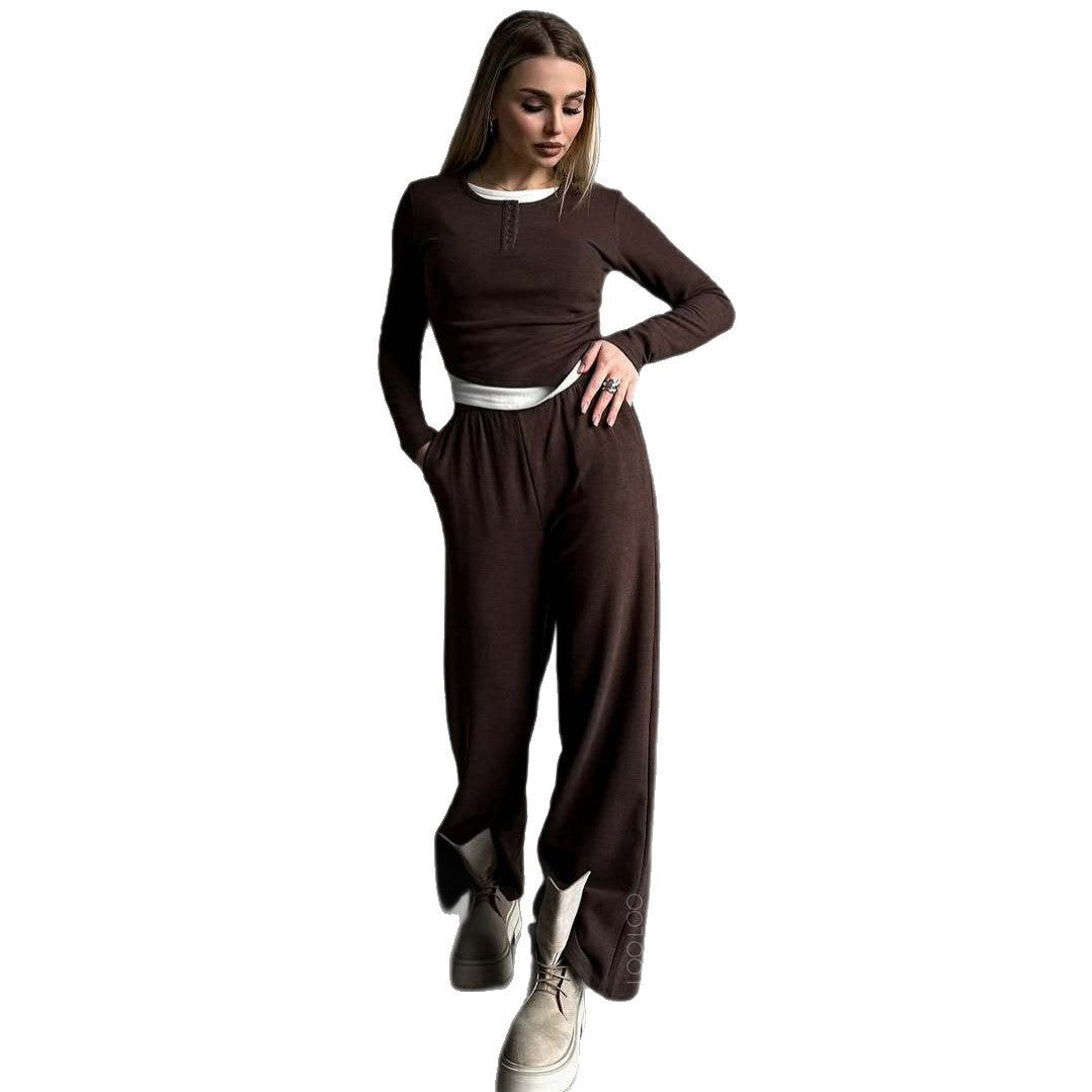 Women's loungewear set made of soft modal with Henley button placket and wide high-waist lounge pants Mune Fashion