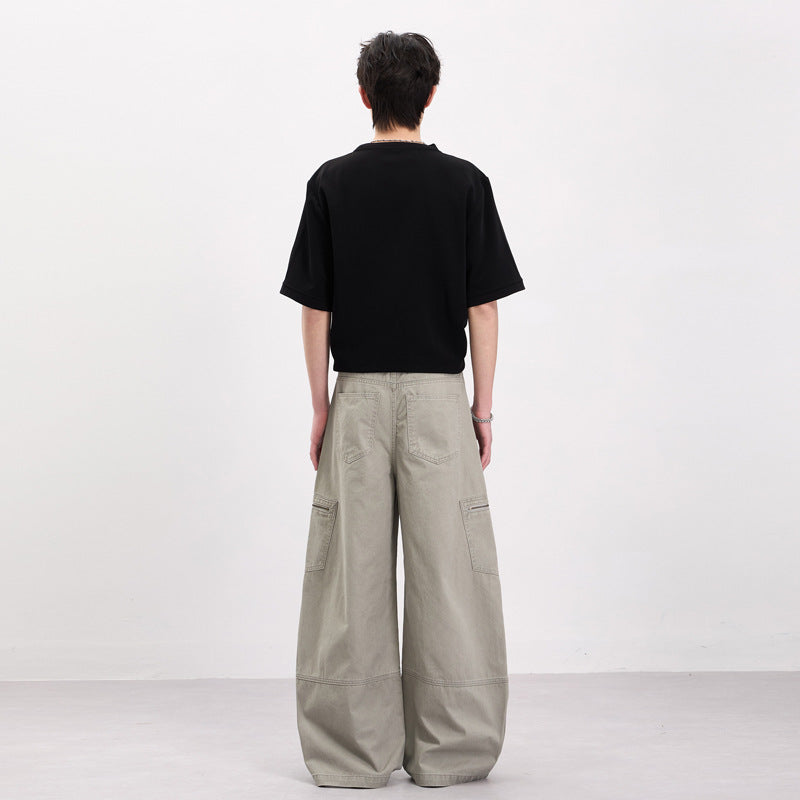Men's Wide Twill Palazzo Cargo Pants with Drop Crotch, Knee Inserts, and Utility Pockets Mune Fashion