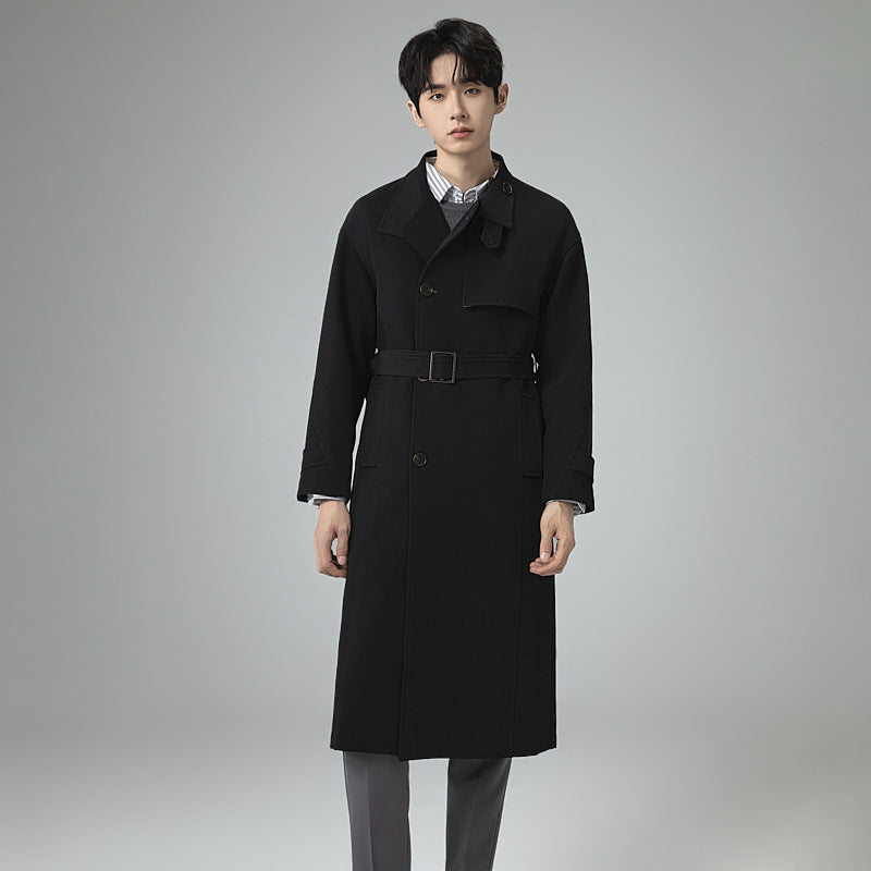 Men's Long Modern Trench Coat made of lightweight twill with concealed button placket and waist belt Mune Fashion