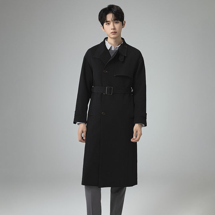 Men's Long Modern Trench Coat made of lightweight twill with concealed button placket and waist belt Mune Fashion