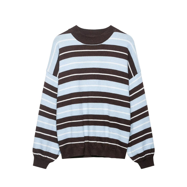 Women Oversized Stripe Sweater with Dropped Shoulders and Balloon Sleeves Mune Fashion