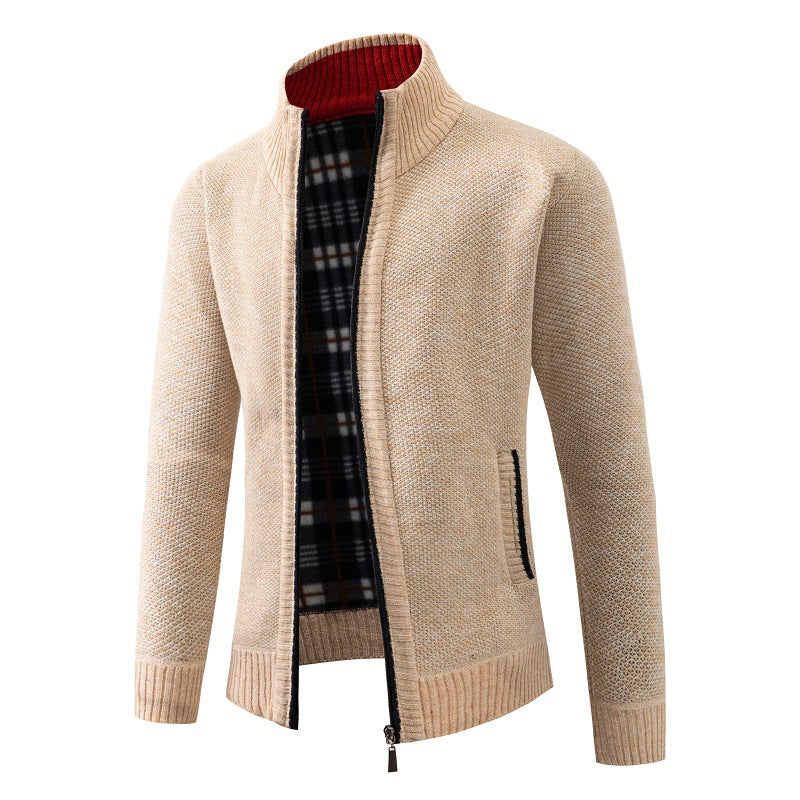 Men's Structured Zip Cardigan with Check Fleece Lining and Stand-Up Collar Mune Fashion
