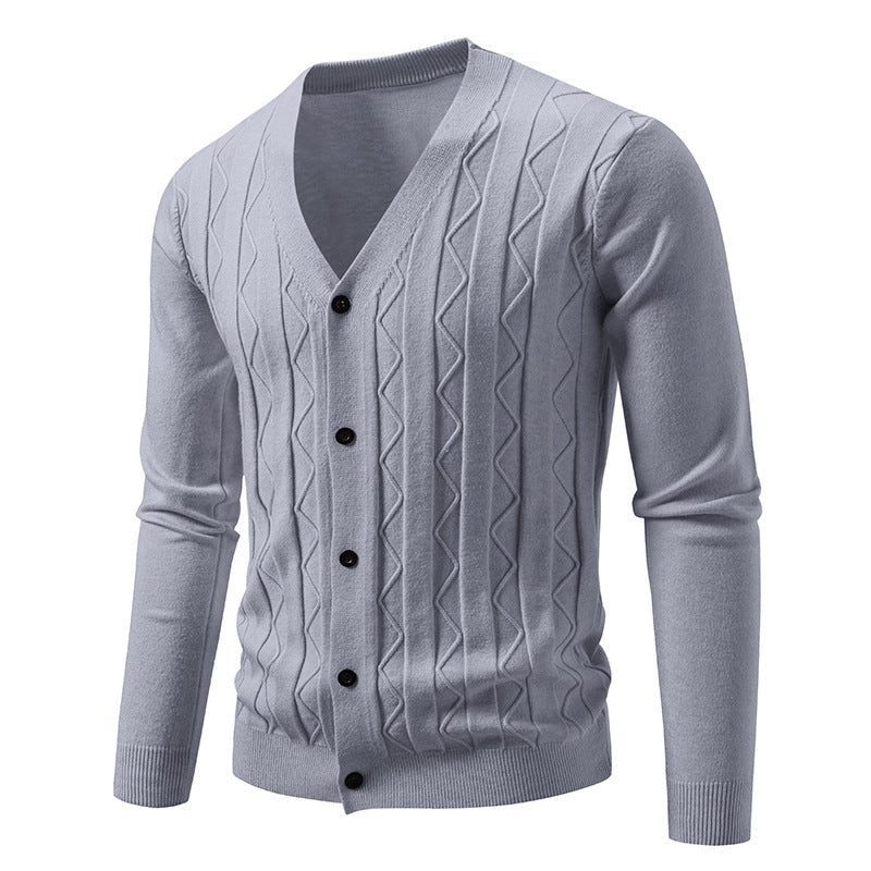 Men's V neck cardigan with subtle cable knit texture and continuous button placket Mune Fashion