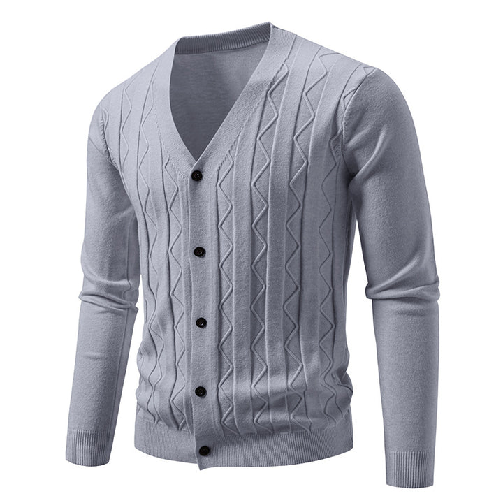 Men's V neck cardigan with subtle cable knit texture and continuous button placket Mune Fashion