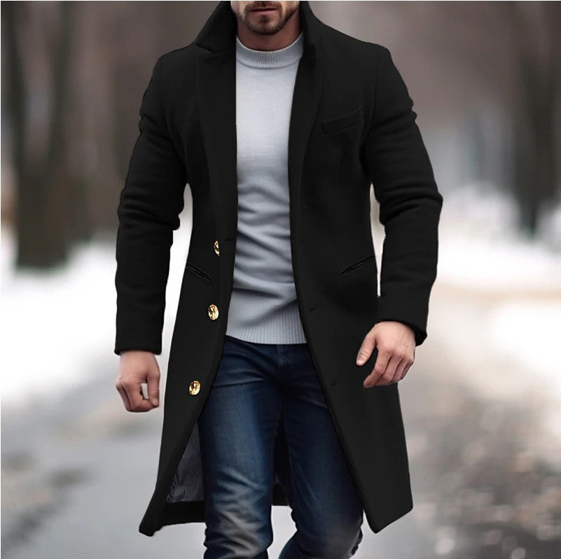 Men's Longer Tailored Wool Coat with Lapel Collar and Flap Pockets Mune Fashion