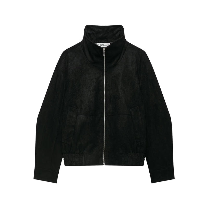 Women's suede look bomber jacket with funnel neck and elastic hem