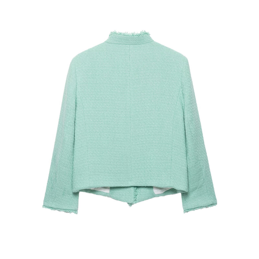 Women's short-cut bouclé tweed jacket with fringe trim and asymmetric button placket Drune