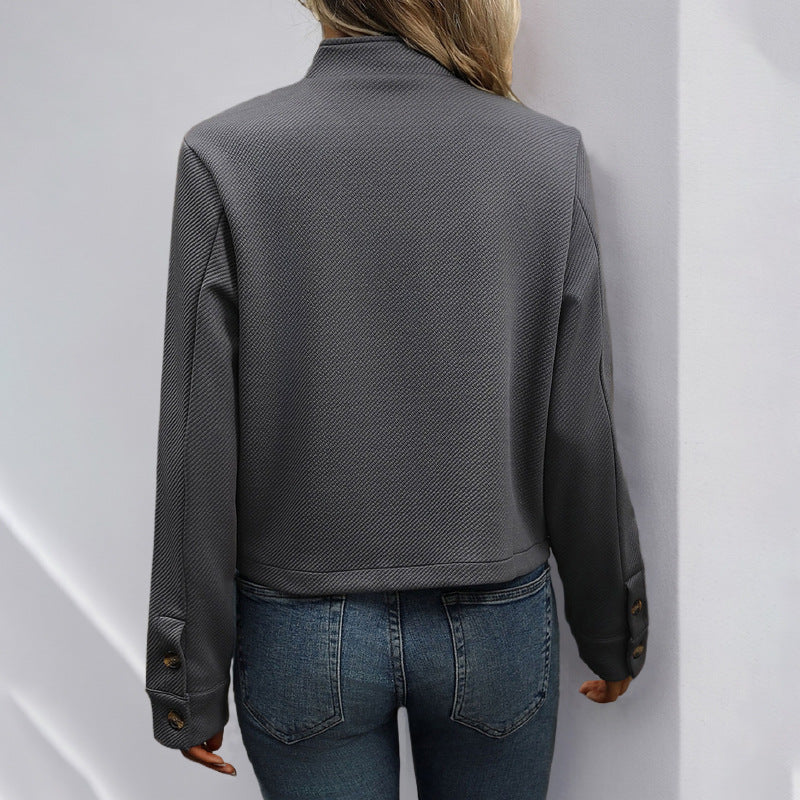 Women Structured Short Jacket with Stand-up Collar and Button Placket Mune Fashion