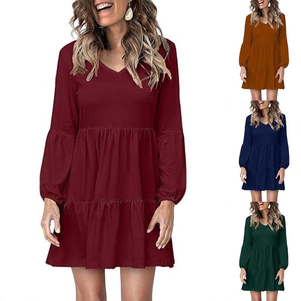 Women's Tiered Mini Dress with V-Neck and Balloon Sleeves Mune Fashion