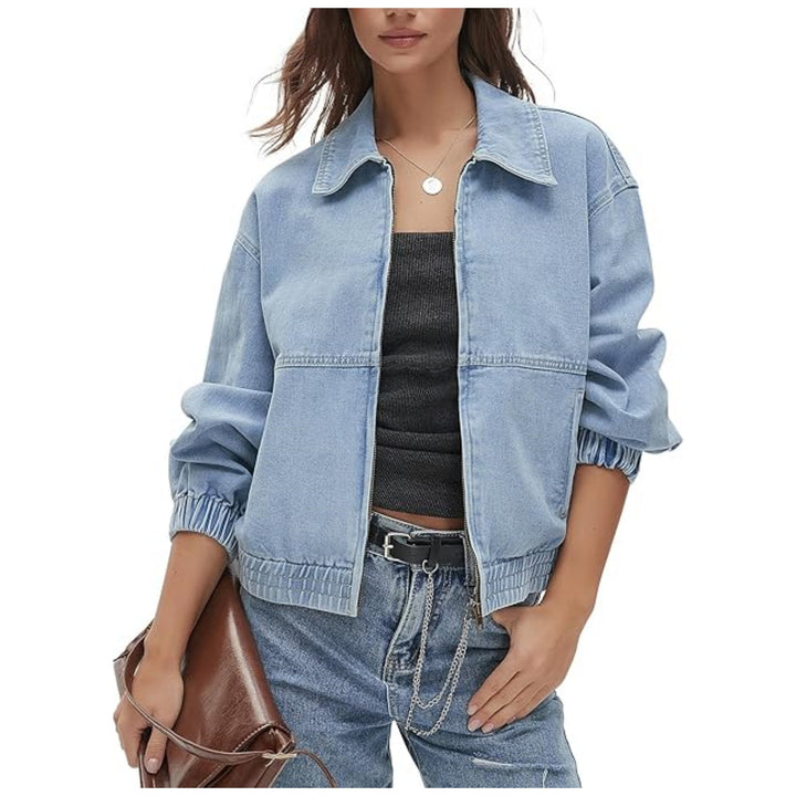 Women's jeans bomber jacket with zipper, elastic hem, and shirt collar Mune Fashion