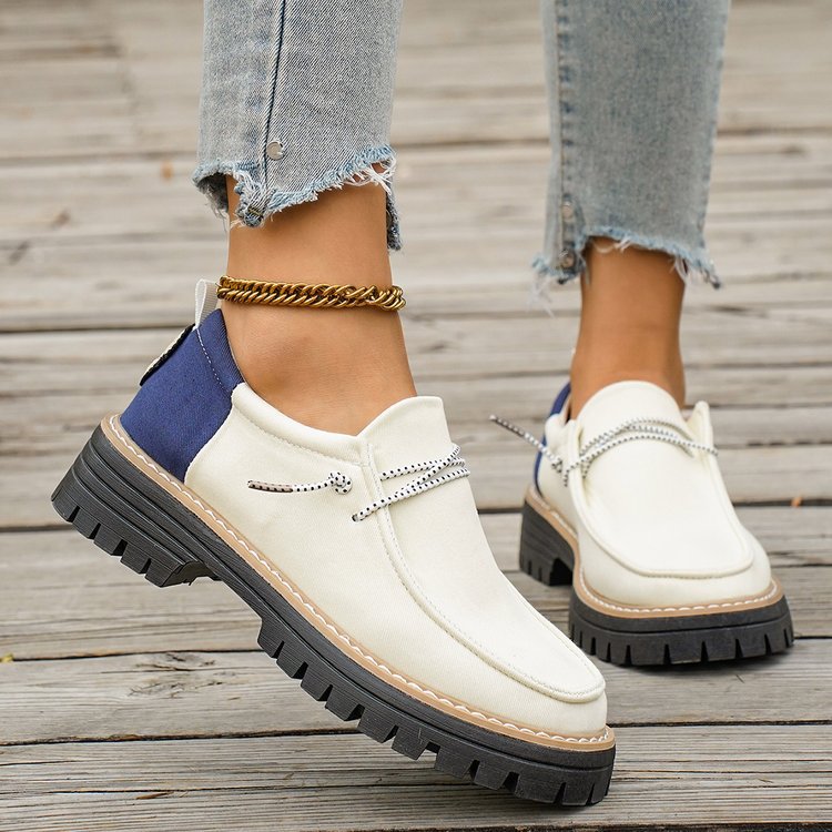 Damen Modische Slipper-Loafer mit grober Profilsohle, Canvas-Obermaterial und dekorativer Kordel Mune Fashion