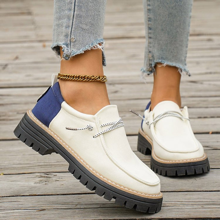 Damen Modische Slipper-Loafer mit grober Profilsohle, Canvas-Obermaterial und dekorativer Kordel Mune Fashion