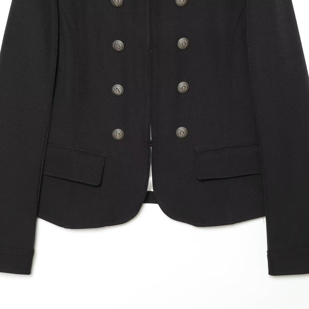 Women's Military Inspired Double Breasted Short Jacket with Stand Collar and Epaulettes Mune Fashion