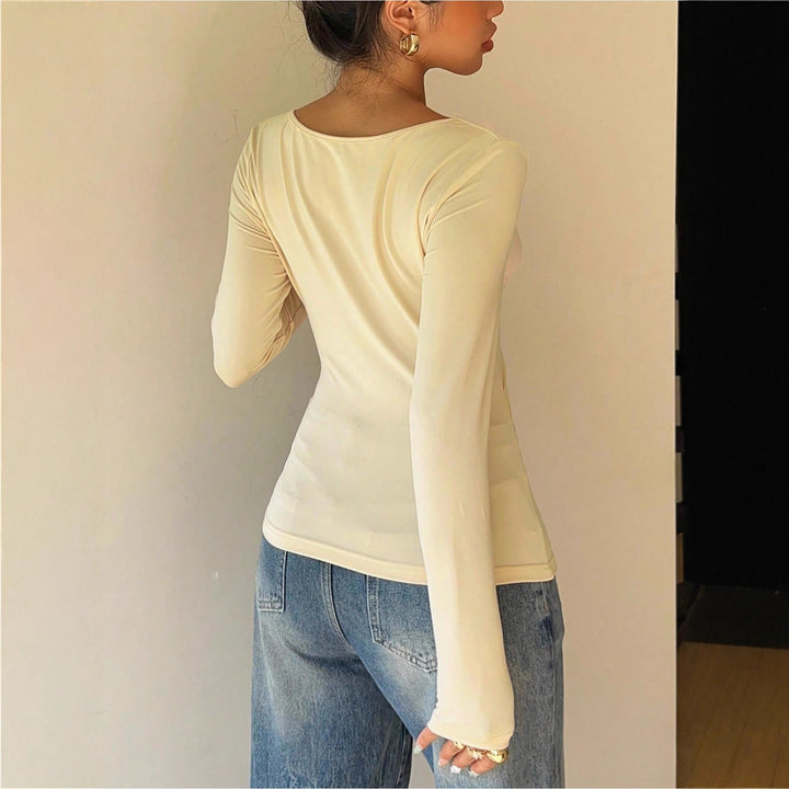 Women's Fitted Long Sleeve Shirt with Asymmetrical Off-Shoulder Neckline and Side Gathering