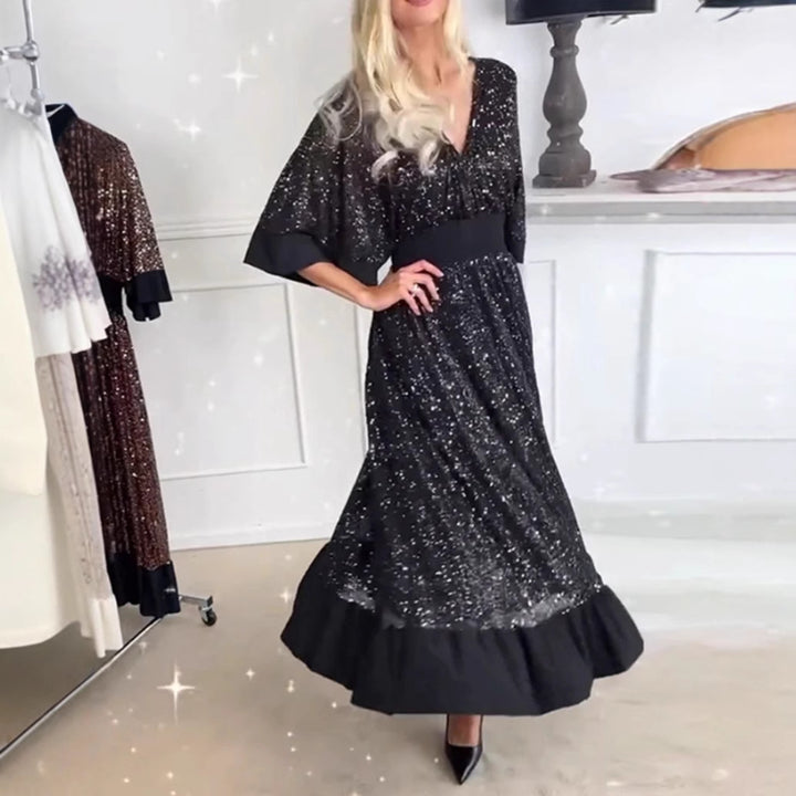 Women's shimmering evening maxi dress with kimono sleeves and waist-emphasizing waistband Mune Fashion