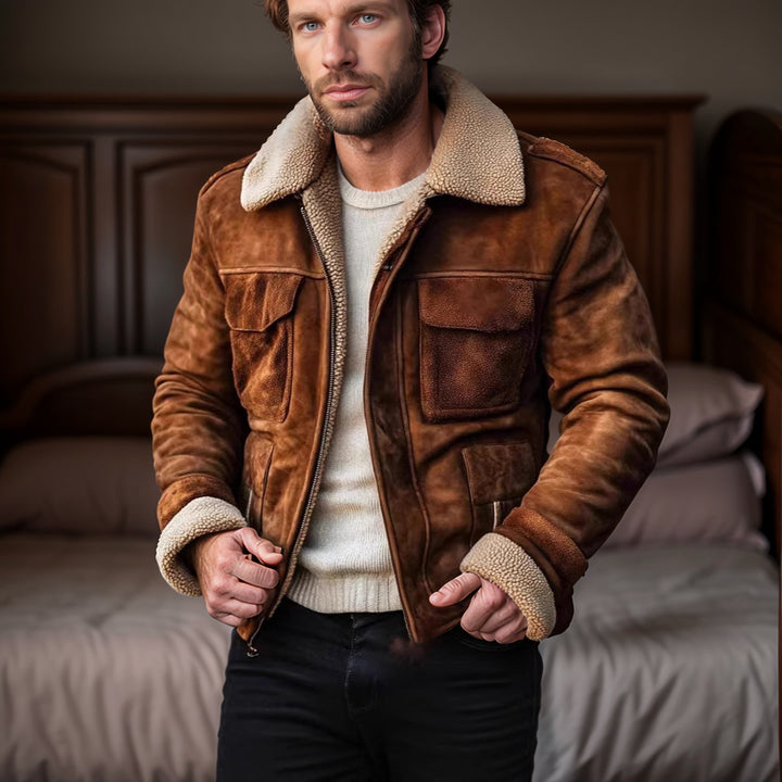 Men's Lambskin Imitation Pilot Jacket in Vintage Leather Look Mune Fashion