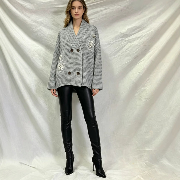 Women's Waffle Knit Cardigan with Double-Breasted Button Placket and Decorative Application Mune Fashion