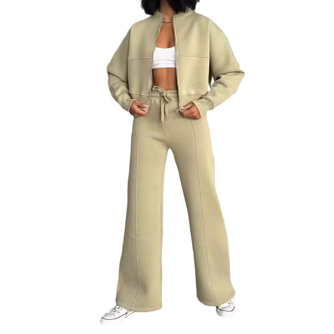 Women’s cropped bomber jacket with zipper and loose high-waist joggers set Mune Fashion