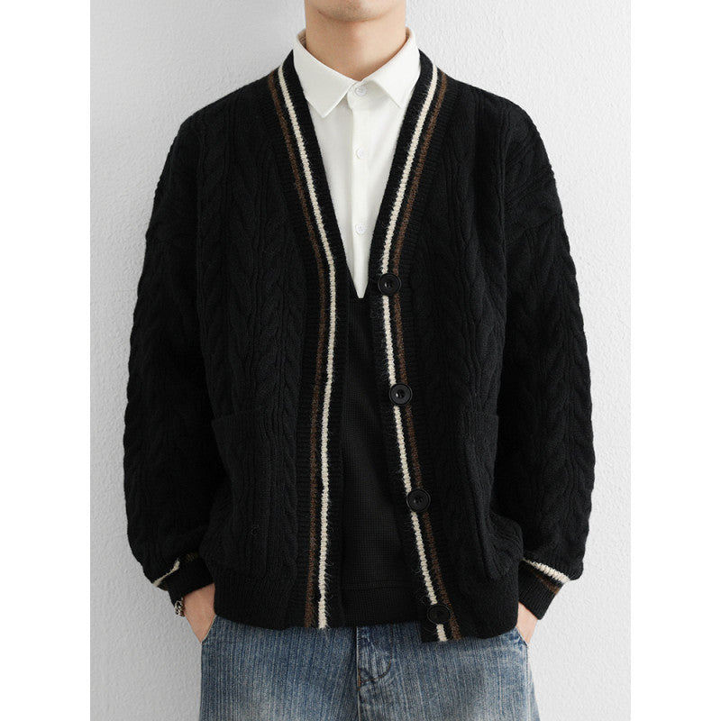 Men's Chunky Cable Knit Cardigan with Patch Pockets and Contrast Stripes Mune Fashion