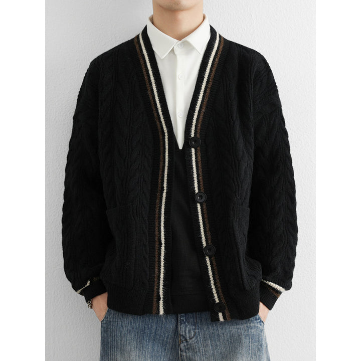 Men's Chunky Cable Knit Cardigan with Patch Pockets and Contrast Stripes Mune Fashion