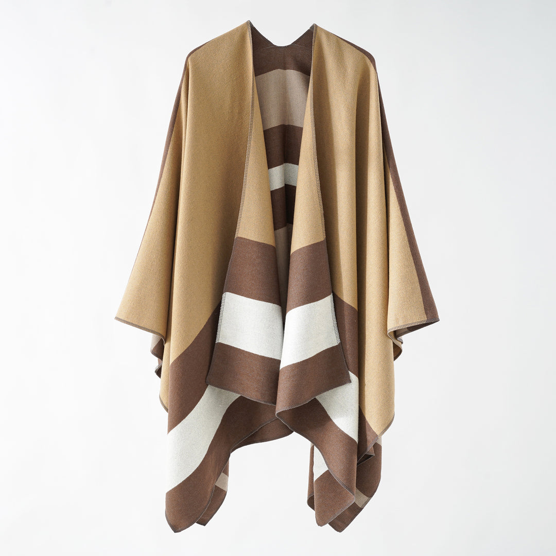 Women’s Oversize Ruana in Cape Style made of Wool Look with Geometric Block Stripes Mune Fashion
