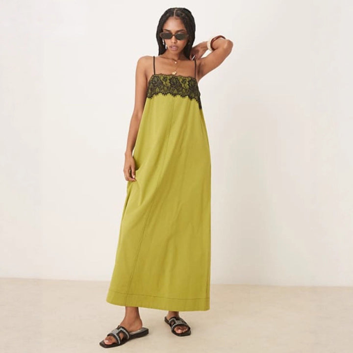 Women's nightgown inspired maxi dress with lace bustier and narrow spaghetti straps Mune Fashion