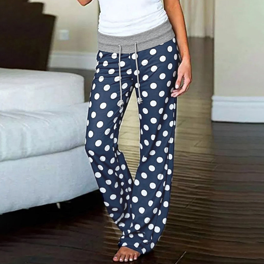 Women's flared Palazzo lounge pants with high comfort waistband, drawstring, and dotted pattern Mune Fashion