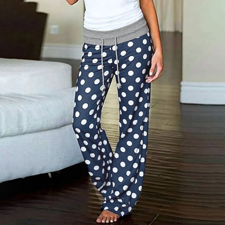 Women's flared Palazzo lounge pants with high comfort waistband, drawstring, and dotted pattern Mune Fashion