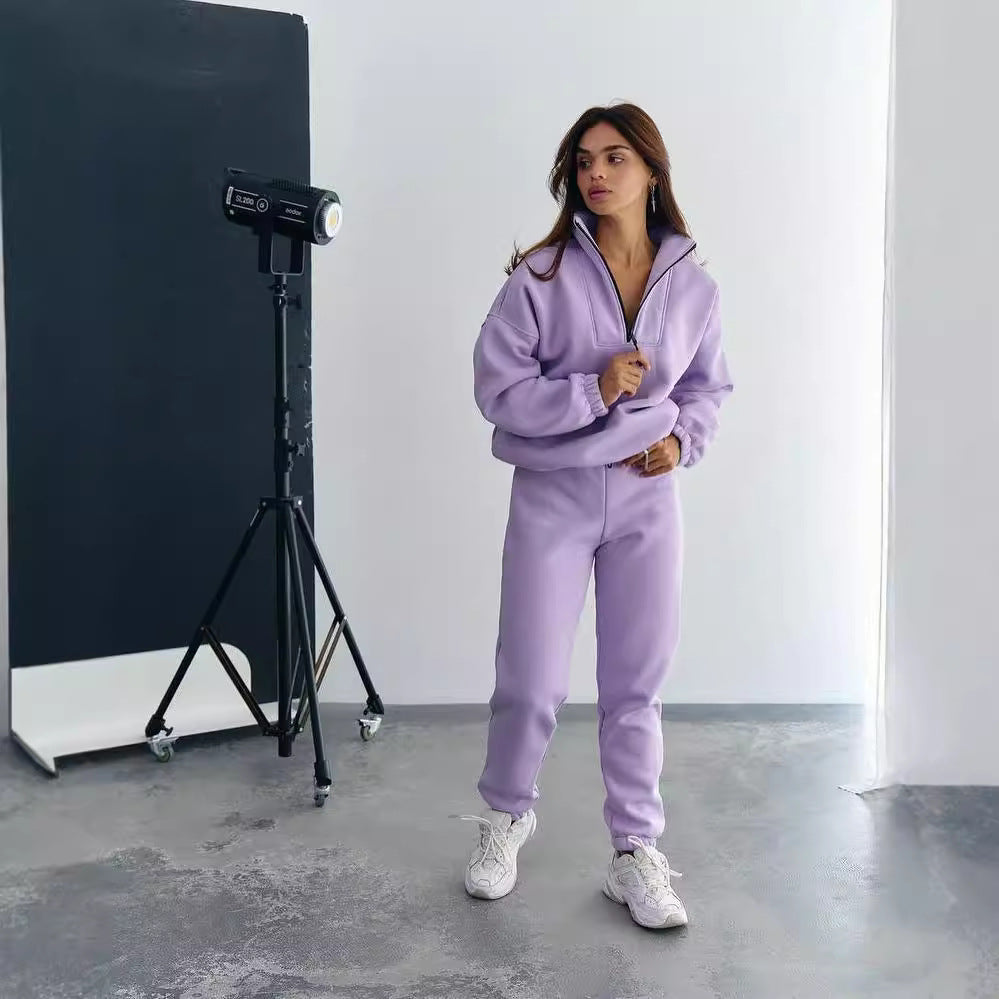 Women's athleisure two-piece set made of thick French terry with a high collar, half zipper, and drawstring pants Mune Fashion