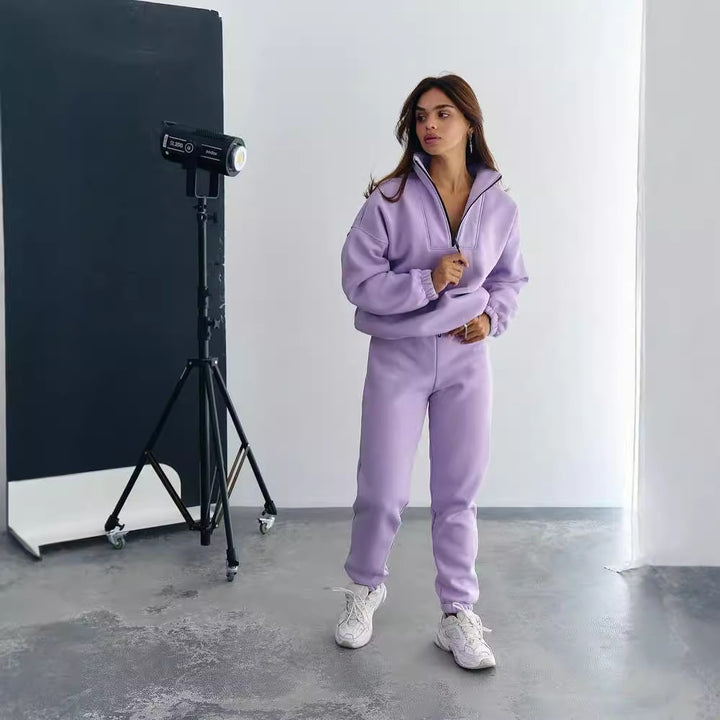 Women's athleisure two-piece set made of thick French terry with a high collar, half zipper, and drawstring pants Mune Fashion