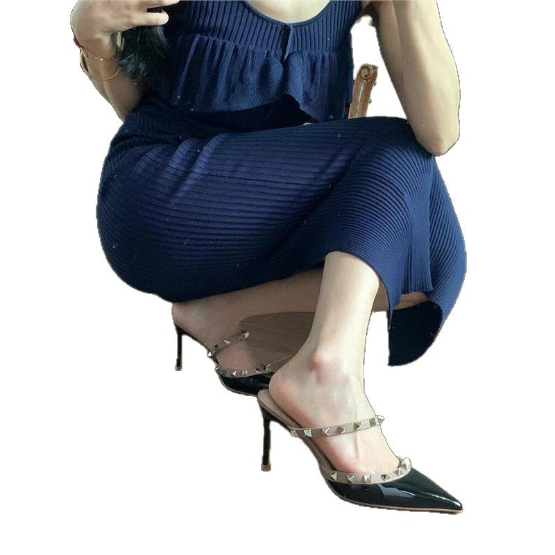 Women's Elegant pointed-toe mules with double studded strap and high stiletto heel Mune Fashion